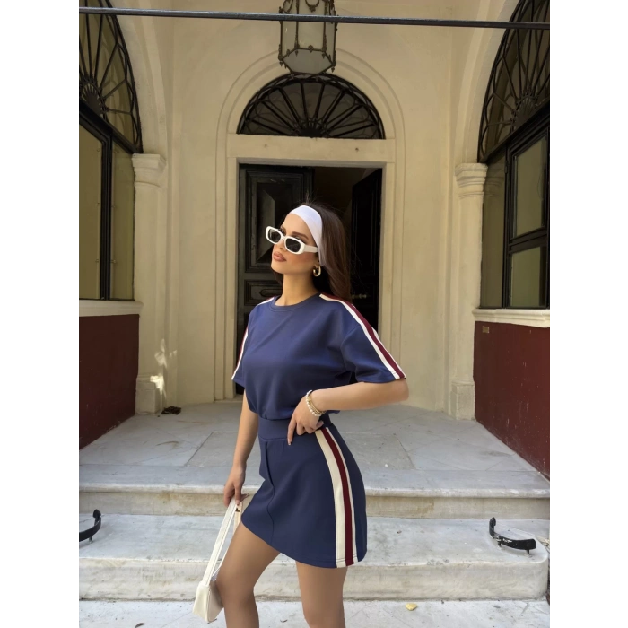 Lacivert Şeritli Şort Etekli Modal Takım