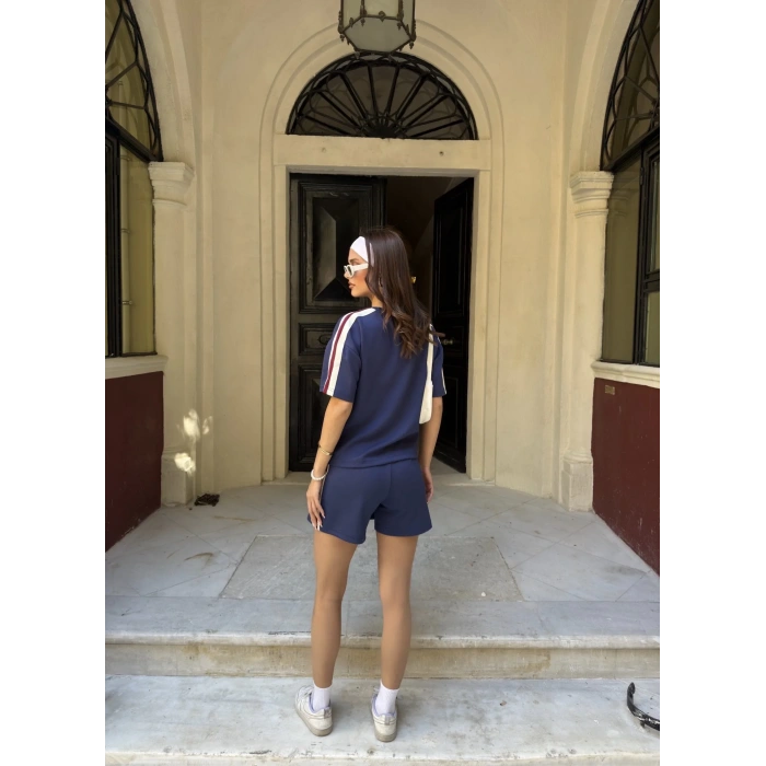 Lacivert Şeritli Şort Etekli Modal Takım