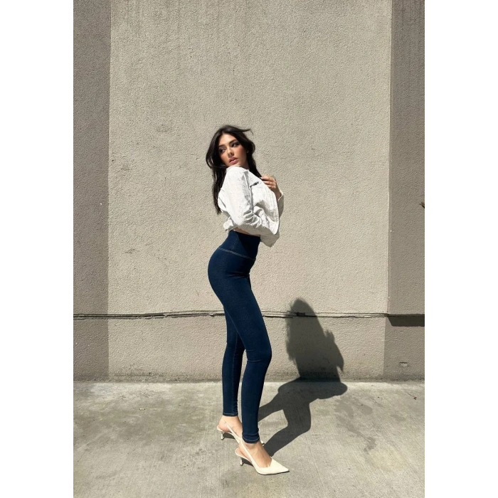 Lacivert Yüksek Bel En Boy Likralı Kot Tayt