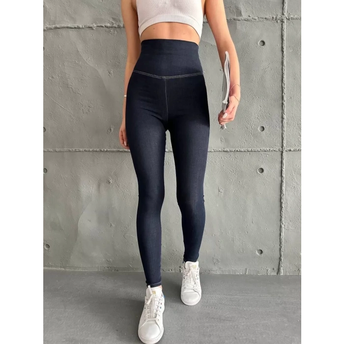 Lacivert Yüksel Bel İnceltici Esnek Likralı Kot Tayt