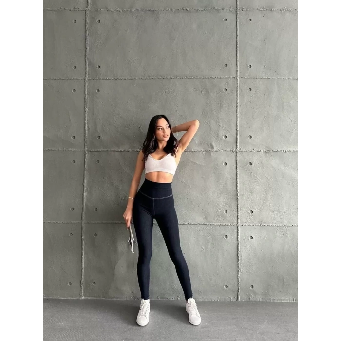 Lacivert Yüksel Bel İnceltici Esnek Likralı Kot Tayt