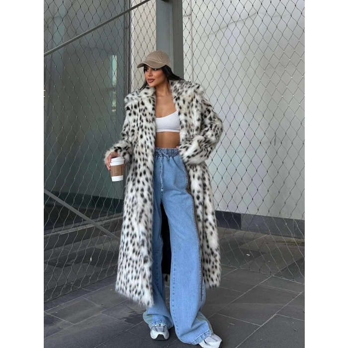 Leopar Ceket Yaka İçi Satarlı Uzun Kürk Kaban