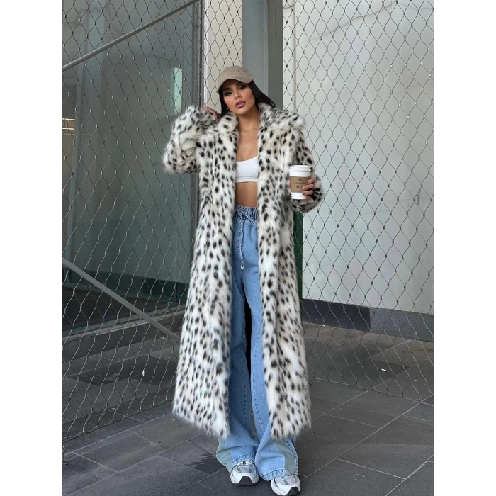 Leopar Ceket Yaka İçi Satarlı Uzun Kürk Kaban