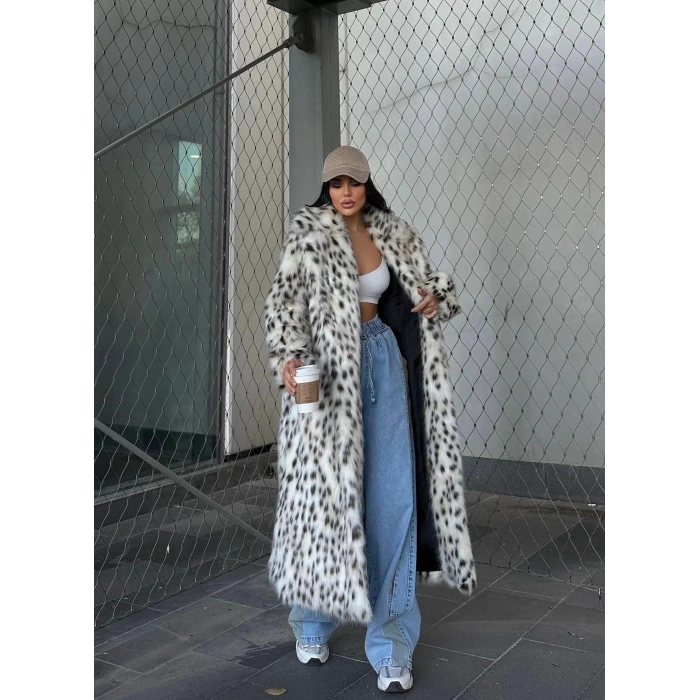 Leopar Ceket Yaka İçi Satarlı Uzun Kürk Kaban