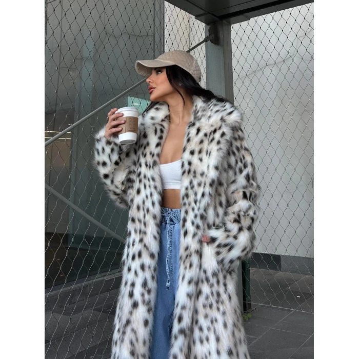 Leopar Ceket Yaka İçi Satarlı Uzun Kürk Kaban