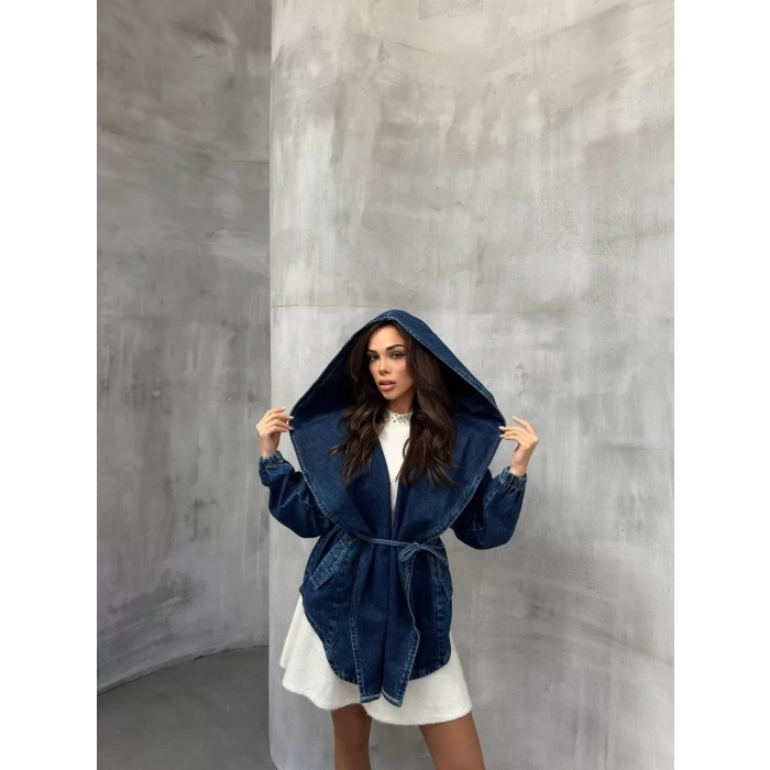 Mavi Arkadan V Yırtmaç Kapşonlu Kot Mont