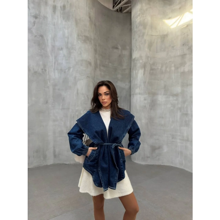 Mavi Arkadan V Yırtmaç Kapşonlu Kot Mont