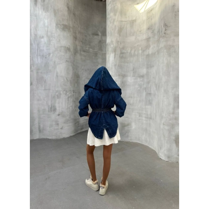 Mavi Arkadan V Yırtmaç Kapşonlu Kot Mont