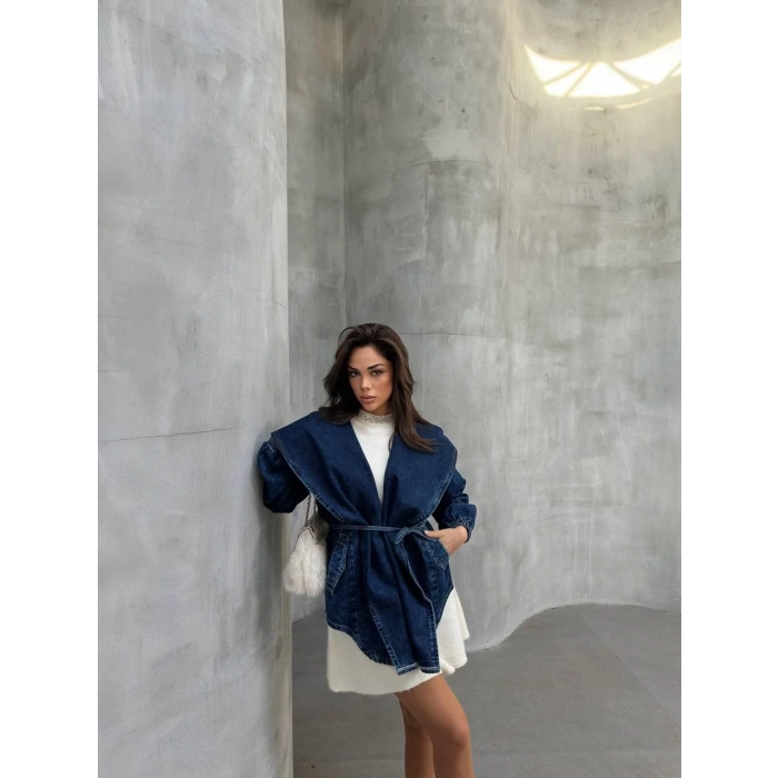 Mavi Arkadan V Yırtmaç Kapşonlu Kot Mont