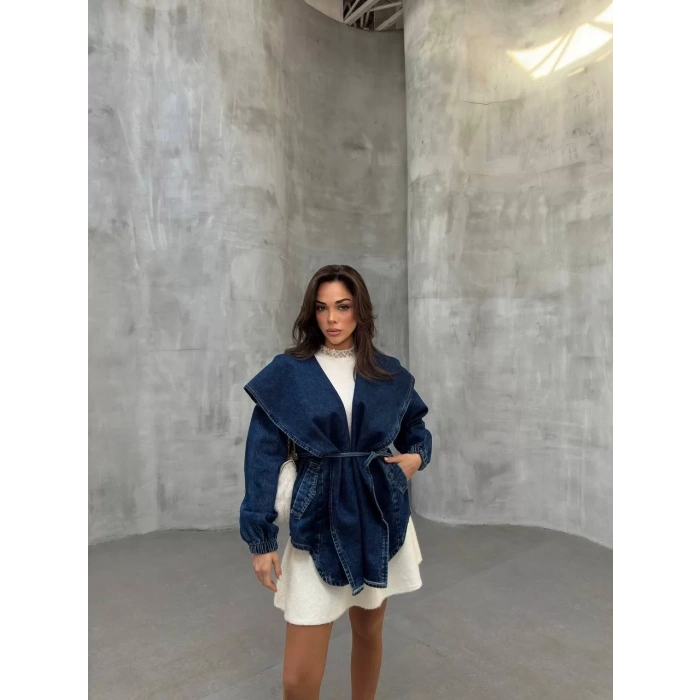 Mavi Arkadan V Yırtmaç Kapşonlu Kot Mont