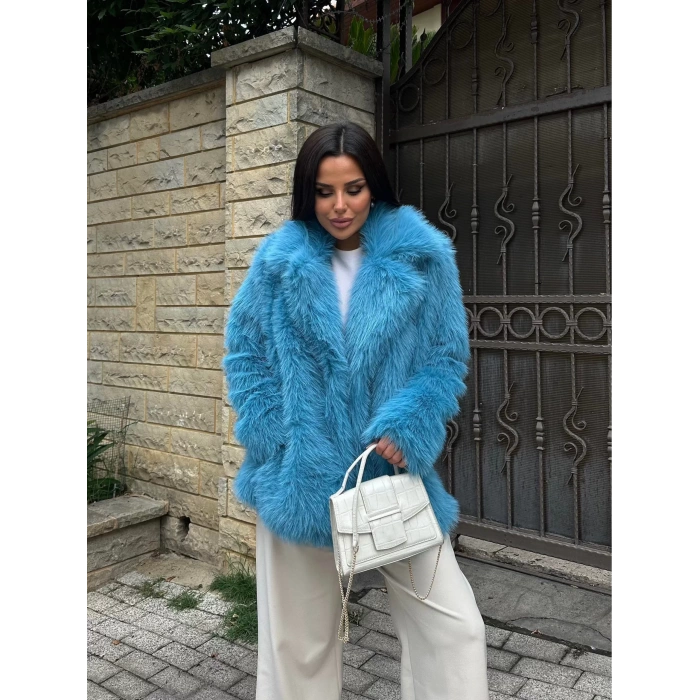 Mavi Ceket Yaka Kürk Kaban