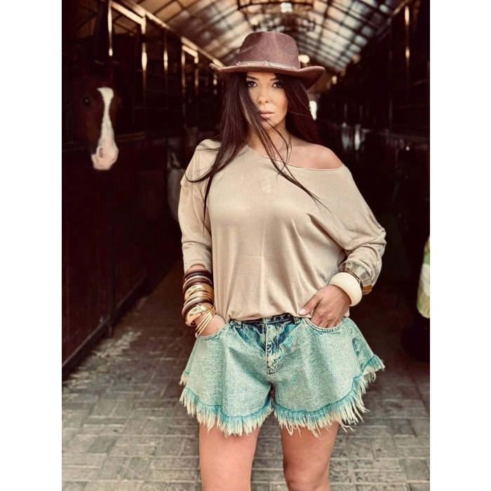 Mavi Saçaklı Kiloş Denim Şort