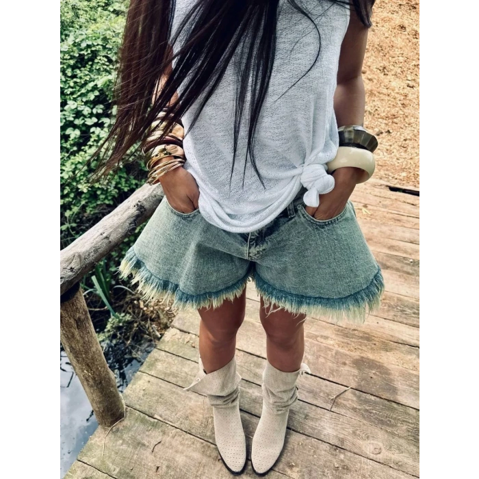 Mavi Saçaklı Kiloş Denim Şort