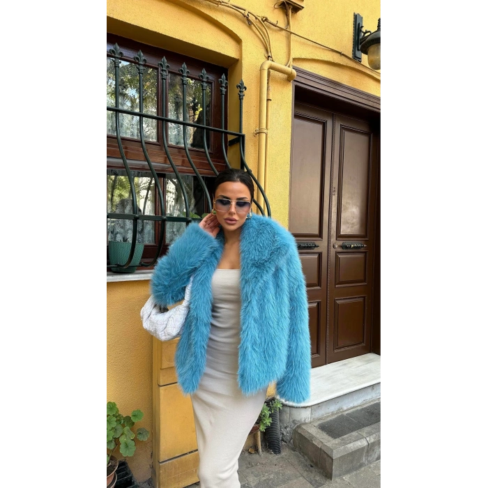 Mavi Şal Yaka İçi Astarlı Kürk Kaban