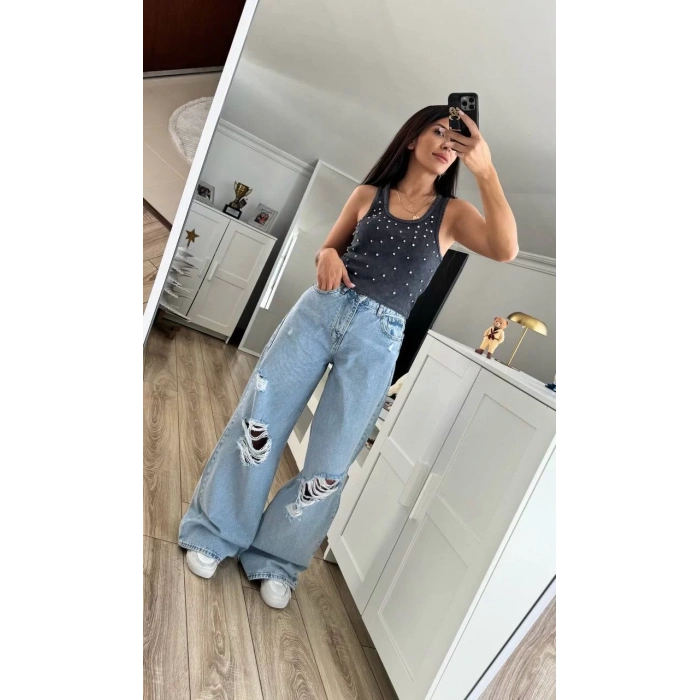 Mavi Yırtık Detay Baggy Denim Pantolon