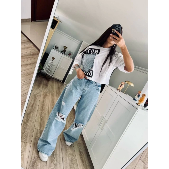 Mavi Yırtık Detay Baggy Denim Pantolon