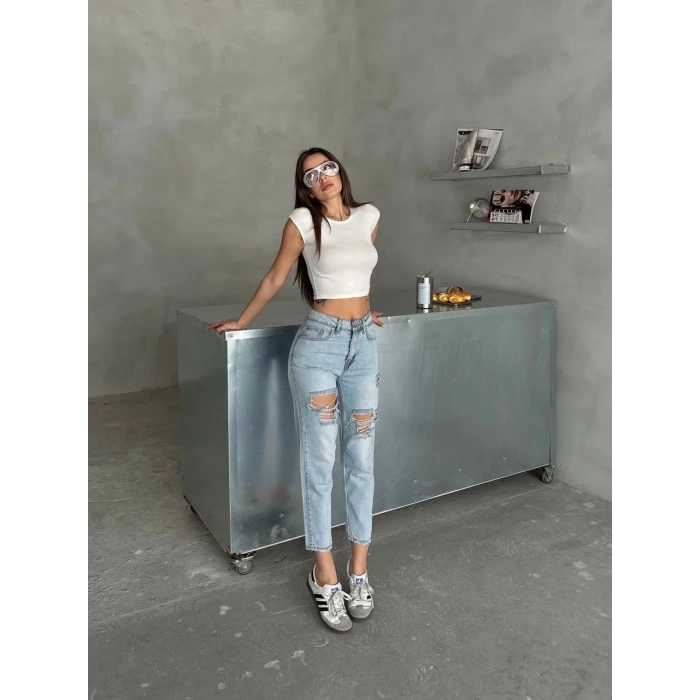 Mavi Yırtık Mom Jean Pantolon