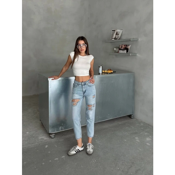 Mavi Yırtık Mom Jean Pantolon