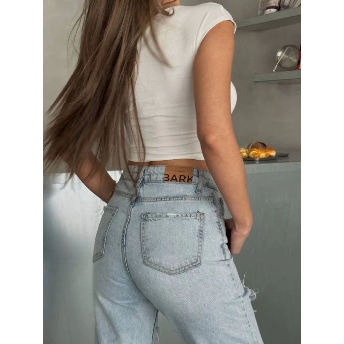 Mavi Yırtık Mom Jean Pantolon