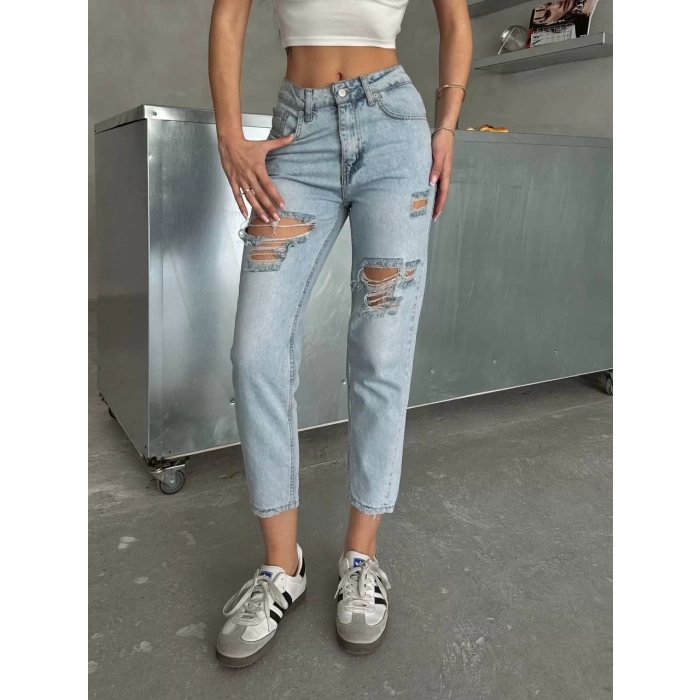 Mavi Yırtık Mom Jean Pantolon