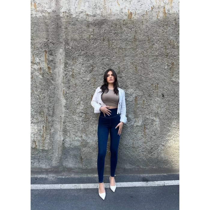 Mavi Yüksek Bel En Boy Likralı Kot Tayt