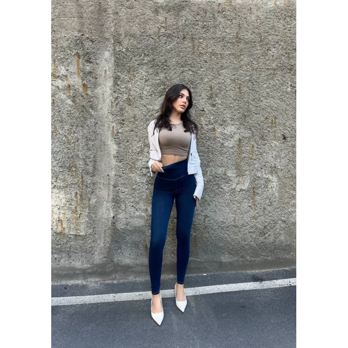 Mavi Yüksek Bel En Boy Likralı Kot Tayt