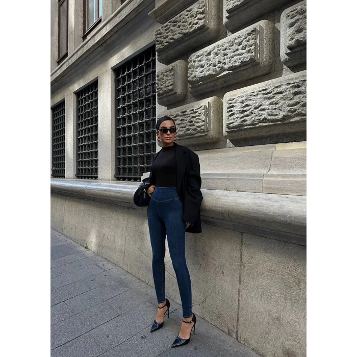 Mavi Yüksel Bel En Boy Likralı Kot Tayt