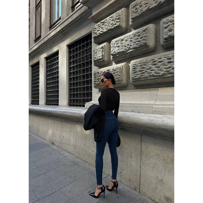 Mavi Yüksel Bel En Boy Likralı Kot Tayt