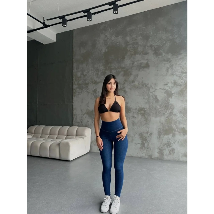 Mavi Yüksel Bel Esnek Likralı Jean Tayt