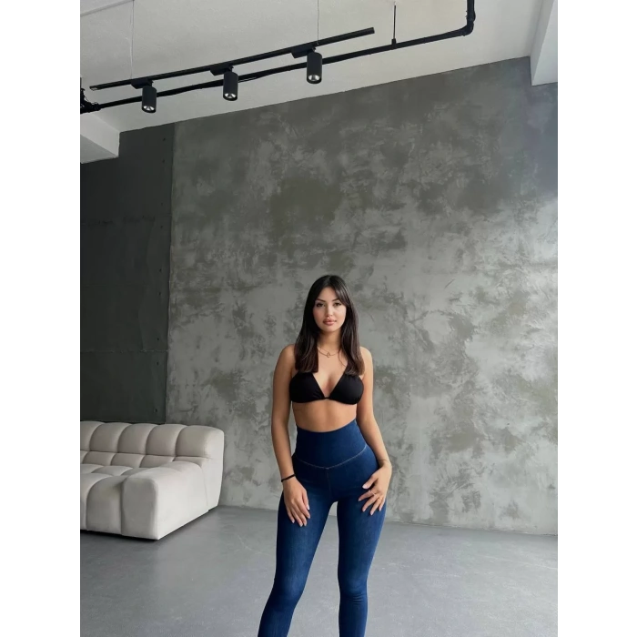 Mavi Yüksel Bel Esnek Likralı Jean Tayt