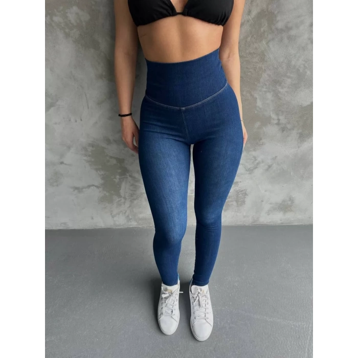 Mavi Yüksel Bel Esnek Likralı Jean Tayt