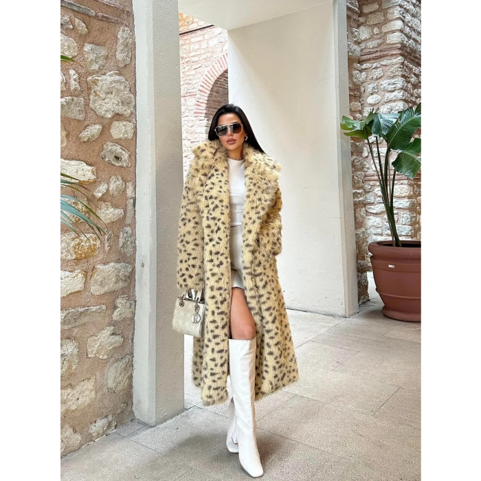 Sarı Leopar Ceket Yaka İçi Satarlı Uzun Kürk Kaban
