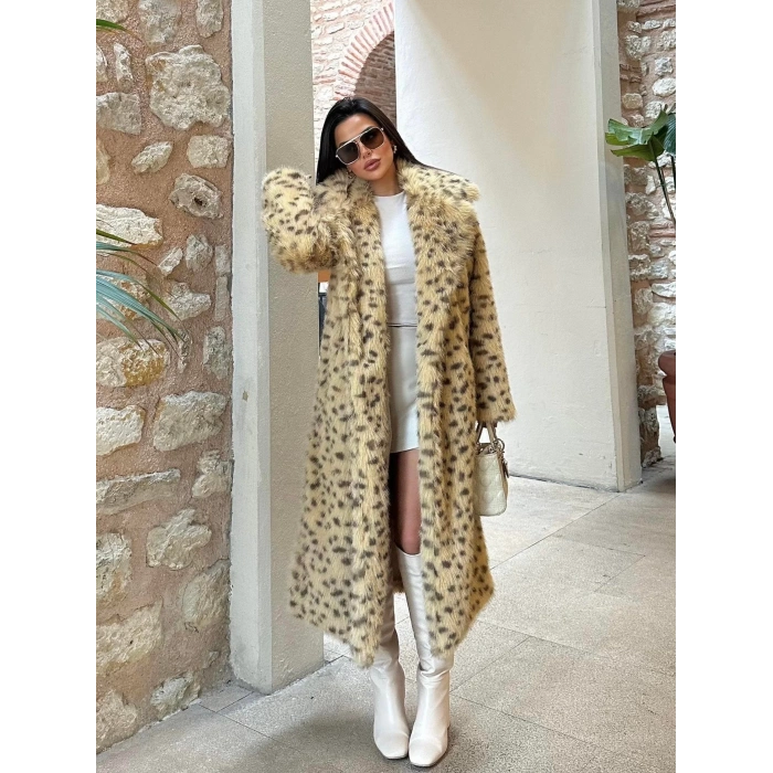 Sarı Leopar Ceket Yaka İçi Satarlı Uzun Kürk Kaban