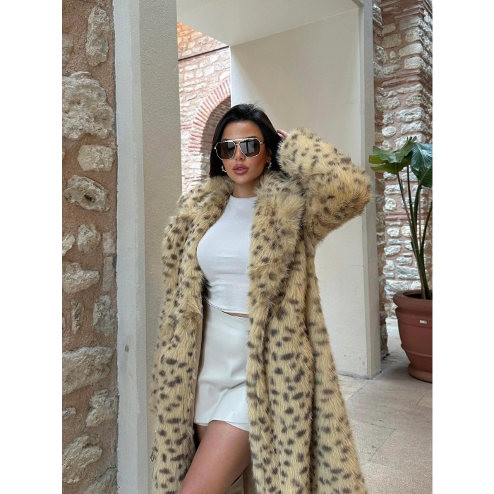 Sarı Leopar Ceket Yaka İçi Satarlı Uzun Kürk Kaban