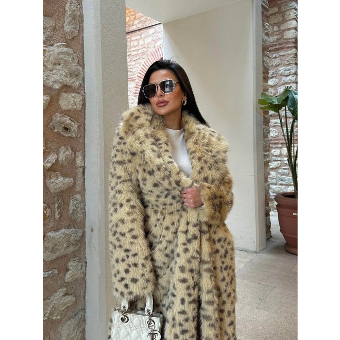 Sarı Leopar Ceket Yaka İçi Satarlı Uzun Kürk Kaban