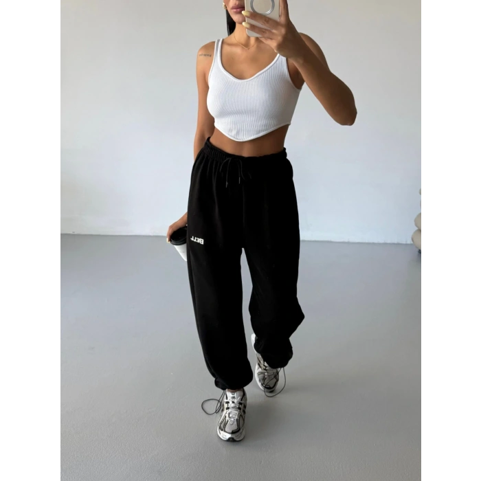 Siyah Bell Stoperli Oversize Unisex Eşofman