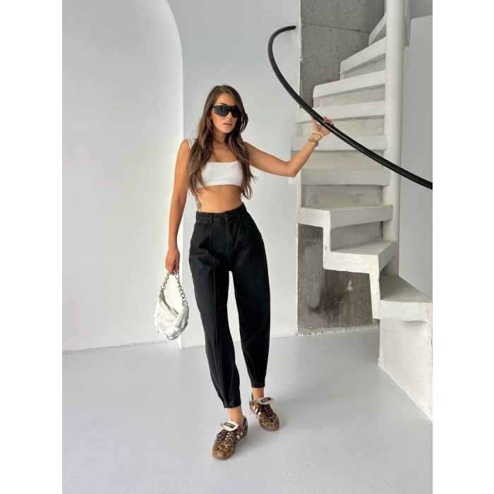 Siyah Çıt Çıt Paça Detay Balon Jean Pantolon