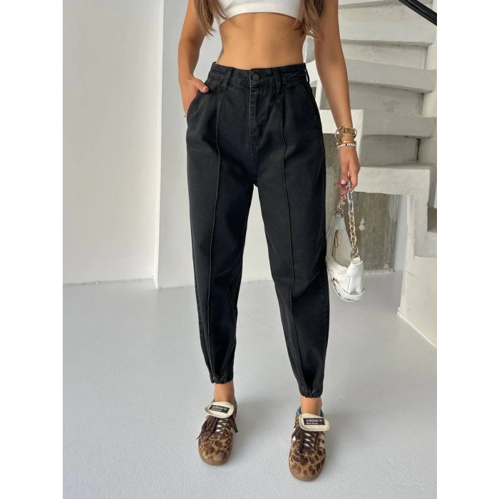 Siyah Çıt Çıt Paça Detay Balon Jean Pantolon