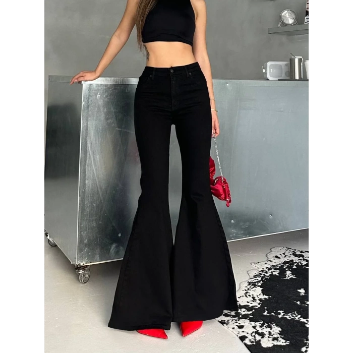 Siyah İspanyol Paça Likralı Kot Pantolon