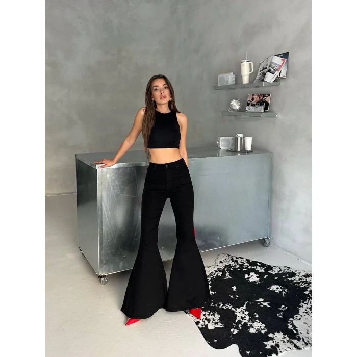 Siyah İspanyol Paça Likralı Kot Pantolon