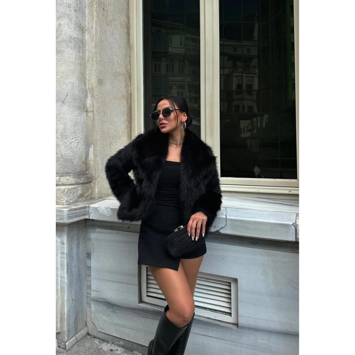 Siyah Şal Yaka İçi Astarlı Kürk Kaban