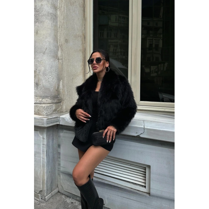 Siyah Şal Yaka İçi Astarlı Kürk Kaban