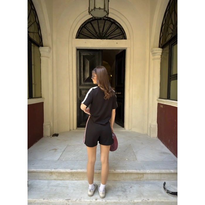 Siyah Şeritli Şort Etekli Modal Takım