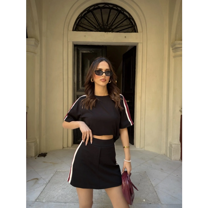 Siyah Şeritli Şort Etekli Modal Takım