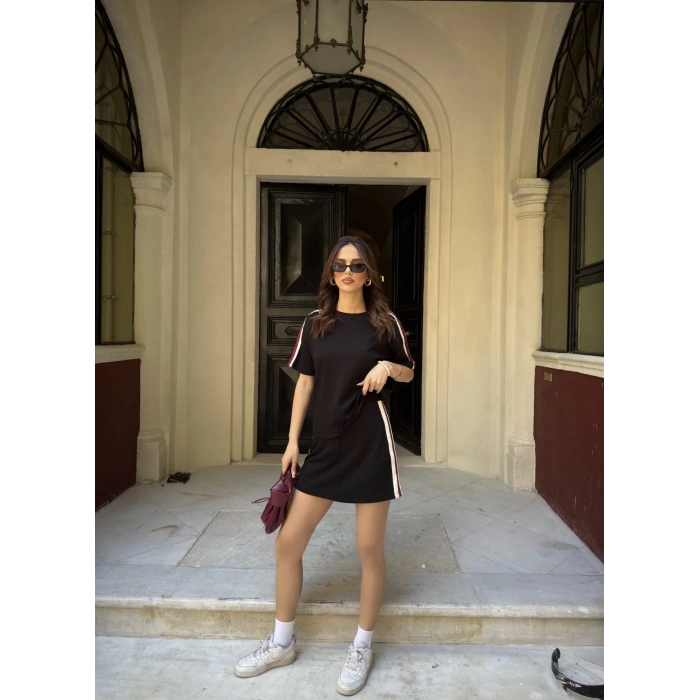 Siyah Şeritli Şort Etekli Modal Takım