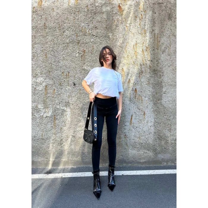 Siyah Yüksek Bel En Boy Likralı Kot Tayt