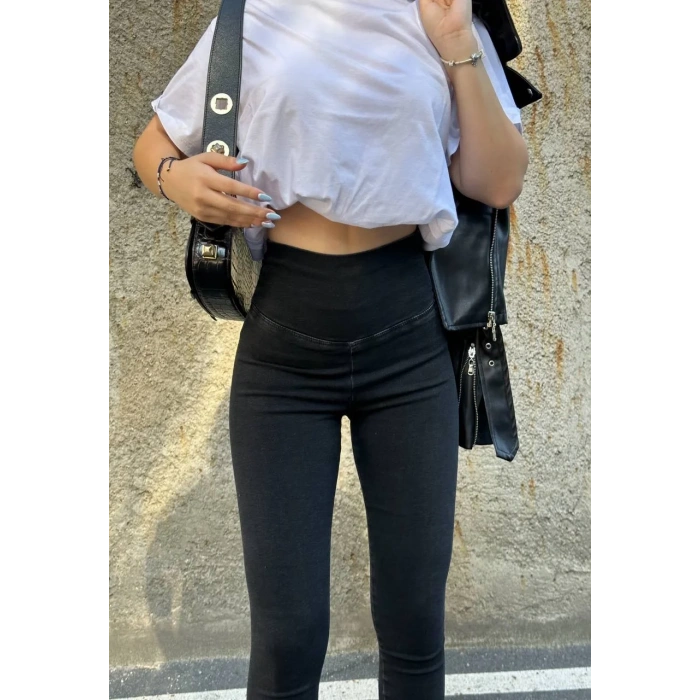 Siyah Yüksek Bel En Boy Likralı Kot Tayt