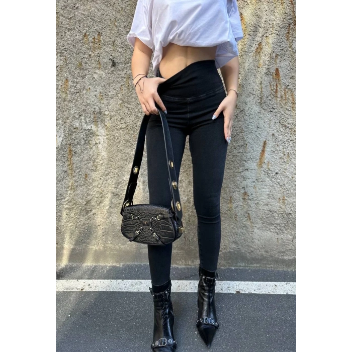 Siyah Yüksek Bel En Boy Likralı Kot Tayt