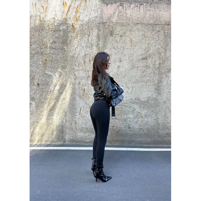 Siyah Yüksek Bel En Boy Likralı Kot Tayt