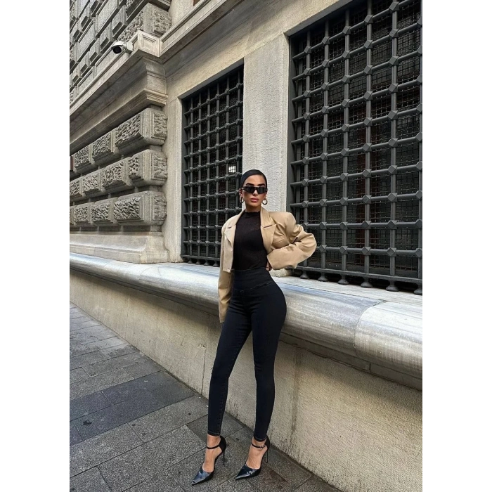 Siyah Yüksel Bel En Boy Likralı Kot Tayt